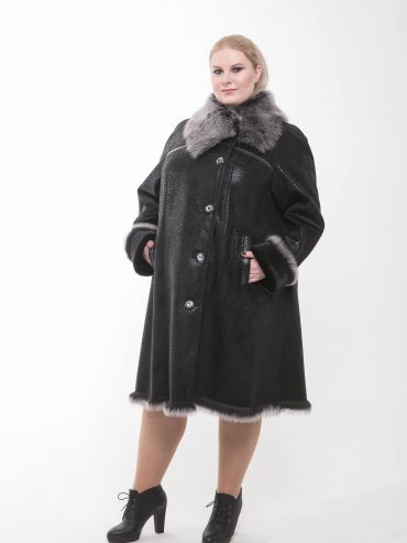 Дубленка из экомеха с кожаной отделкой и воротником из Тосканы, цвет черный в интернет-магазине Фабрики Тревери