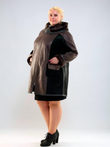 Двухцветная дубленка на молнии с капюшоном, цвет черный в интернет-магазине Фабрики Тревери