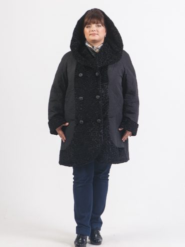 Комбинированное пальто из стежки и каракуля, цвет черный в интернет-магазине Фабрики Тревери