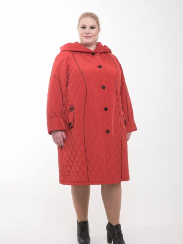 Пальто из стежки с кантом из кожи, цвет красный в интернет-магазине Фабрики Тревери