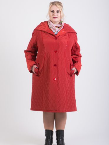 Пальто из стежки с кантом из кожи, цвет красный в интернет-магазине Фабрики Тревери