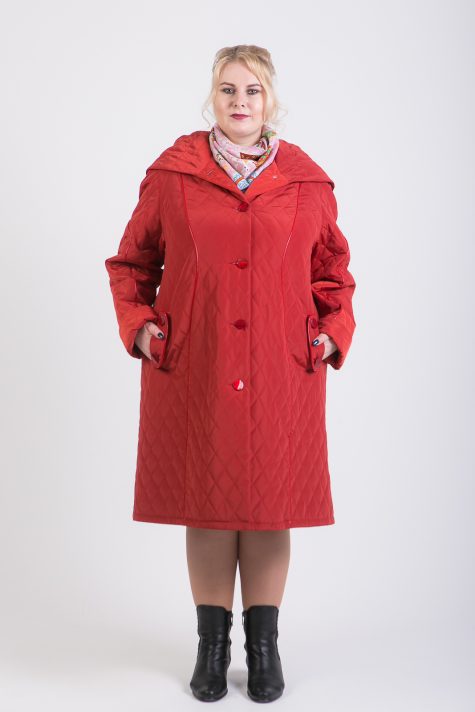 Пальто из стежки с кантом из кожи, цвет красный в интернет-магазине Фабрики Тревери