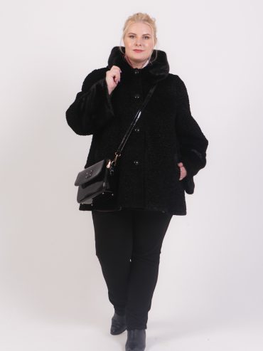 Полушубок из экомеха кёрли с норковой отделкой, цвет черный в интернет-магазине Фабрики Тревери