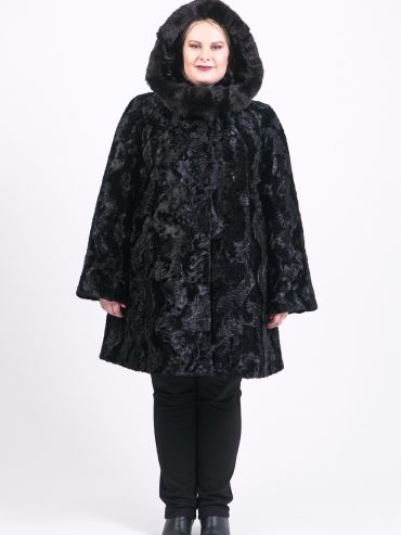 Шуба под каракуль с песцом, цвет черный в интернет-магазине Фабрики Тревери