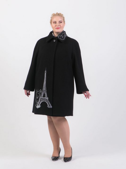 Пальто из драпа с вышивкой, цвет черный в интернет-магазине Фабрики Тревери