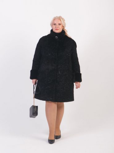 Каракулевая шуба с меховой стойкой из норки, цвет черный в интернет-магазине Фабрики Тревери