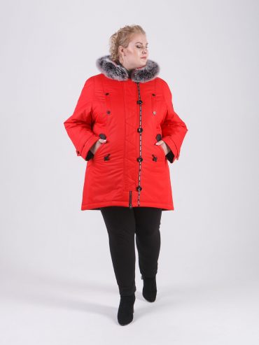 Зимняя куртка из плащевой мембранной ткани, яркого красного цвета с песцом, цвет красный в интернет-магазине Фабрики Тревери