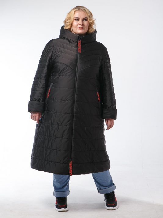 Женское пальто с асимметричной спинкой и брендированными лентами, цвет черный в интернет-магазине Фабрики Тревери
