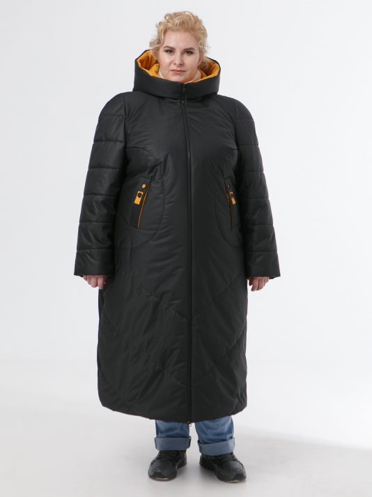 Женское пальто черного цвета с желтой отделкой , цвет черный в интернет-магазине Фабрики Тревери