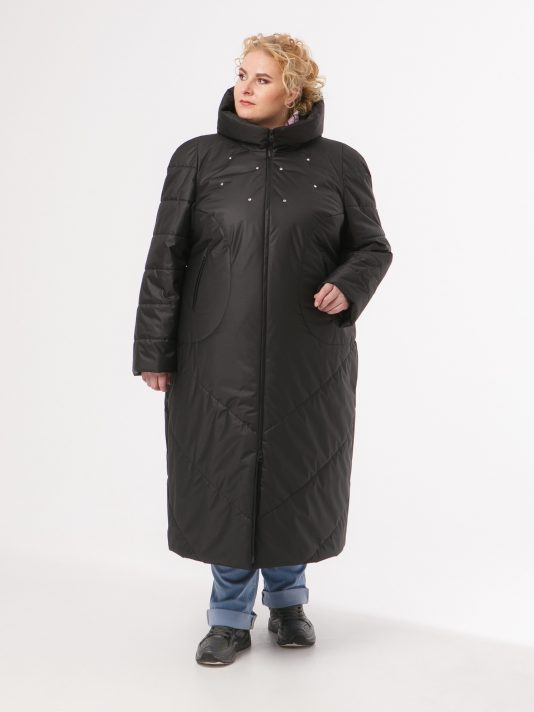 Молодежное пальто черного цвета из двух видов стежки со стразами, цвет черный в интернет-магазине Фабрики Тревери