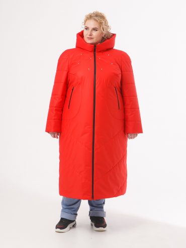 Женское пальто красного цвета из двух видов стежки со стразами, цвет красный в интернет-магазине Фабрики Тревери
