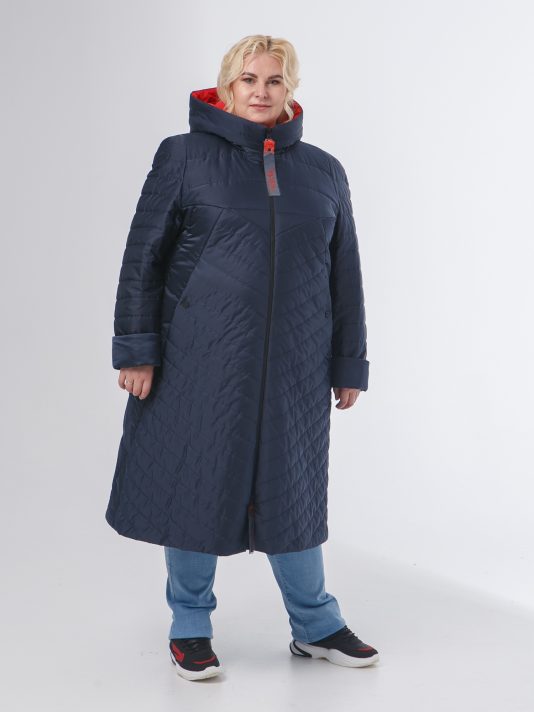 Молодежное пальто с красной отделкой, цвет синий в интернет-магазине Фабрики Тревери