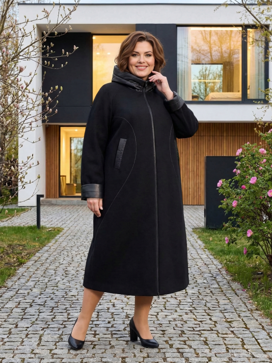 Фото модели 91405 — черный / БАЗА Пальто больших размеров с капюшоном, цвет черный в интернет-магазине Фабрики Тревери