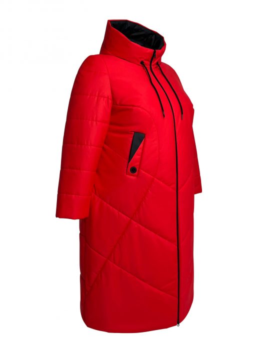 Женское пальто из двух видов стежки с цветной отделкой, цвет красный в интернет-магазине Фабрики Тревери