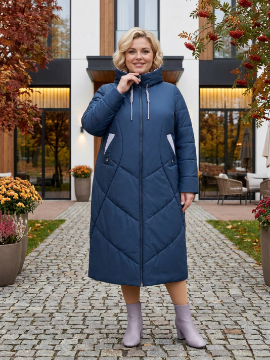 Фото модели 85973-2 — синий с серым Женское пальто из двух видов стежки с цветной отделкой, цвет синий в интернет-магазине Фабрики Тревери