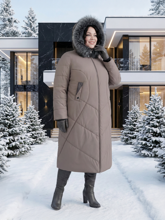 Пуховик больших размеров с капюшоном, цвет коричневый в интернет-магазине Фабрики Тревери