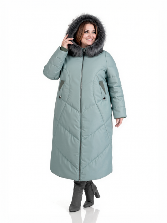 Фото модели 91013 — мятный Пуховик больших размеров с капюшоном, цвет зеленый в интернет-магазине Фабрики Тревери