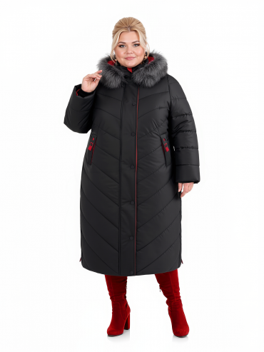 Женское пальто из красивой стеганной мембранной ткани черного цвета с красными вставками, цвет черный в интернет-магазине Фабрики Тревери