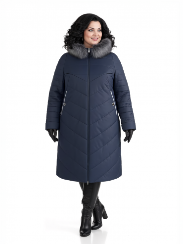 Молодежное стеганное пальто с отделкой и чернобуркой, цвет синий в интернет-магазине Фабрики Тревери