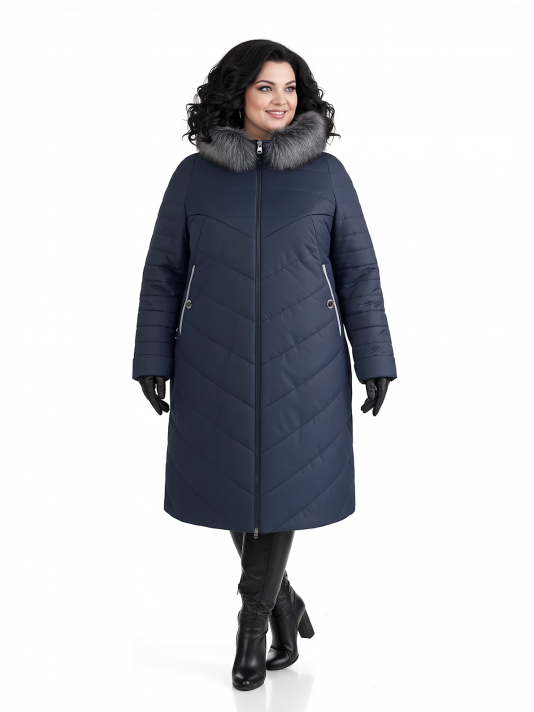 Фото модели 92253 — синий с серым Пуховик больших размеров с капюшоном, цвет синий в интернет-магазине Фабрики Тревери