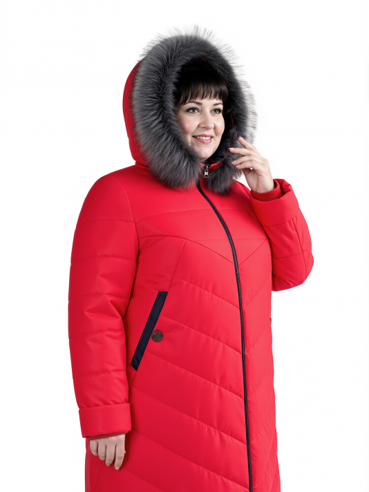 Молодежное стеганное пальто с отделкой и чернобуркой, цвет красный в интернет-магазине Фабрики Тревери