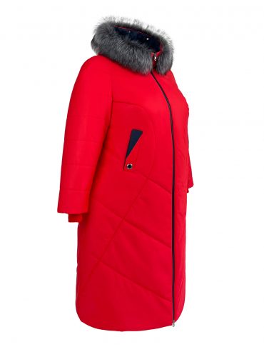 Молодежное пальто с цветной отделкой и эко-мехом , цвет красный в интернет-магазине Фабрики Тревери