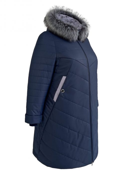 Молодежное стеганное пальто с отделкой и чернобуркой, цвет синий в интернет-магазине Фабрики Тревери