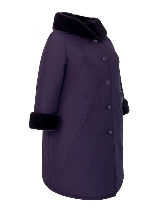 Женское зимнее пальто с контрастной отделочной строчкой и полу норкой , цвет фиолетовый в интернет-магазине Фабрики Тревери