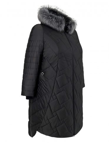молодежное пальто из красивой комбинированной стеганной ткани и эко-мехом, цвет черный в интернет-магазине Фабрики Тревери