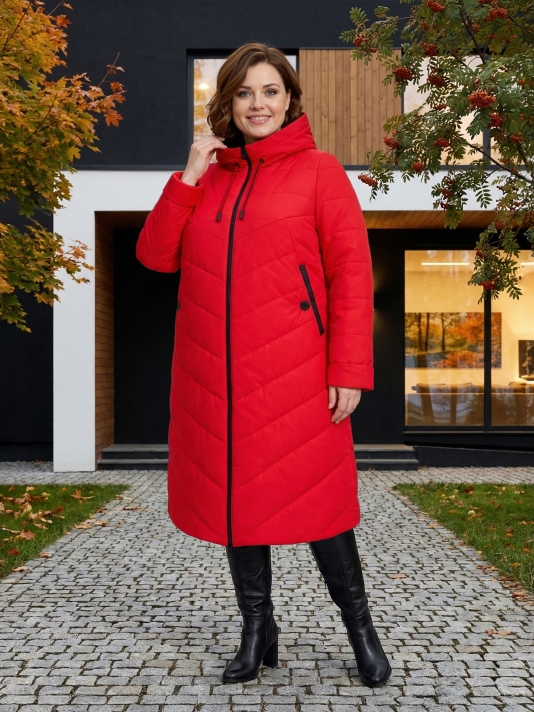 Пальто больших размеров с капюшоном, цвет красный в интернет-магазине Фабрики Тревери