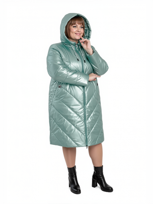 Фото модели 89923-1 — мятный Молодежное комбинированное стеганное пальто с нашивкой, цвет зеленый в интернет-магазине Фабрики Тревери