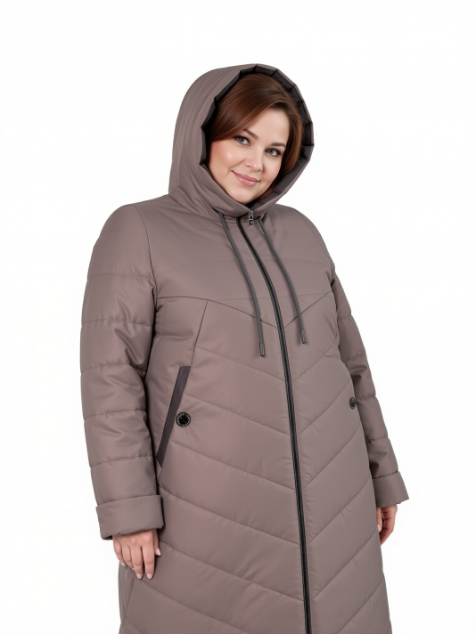 Пальто больших размеров с капюшоном, цвет коричневый в интернет-магазине Фабрики Тревери