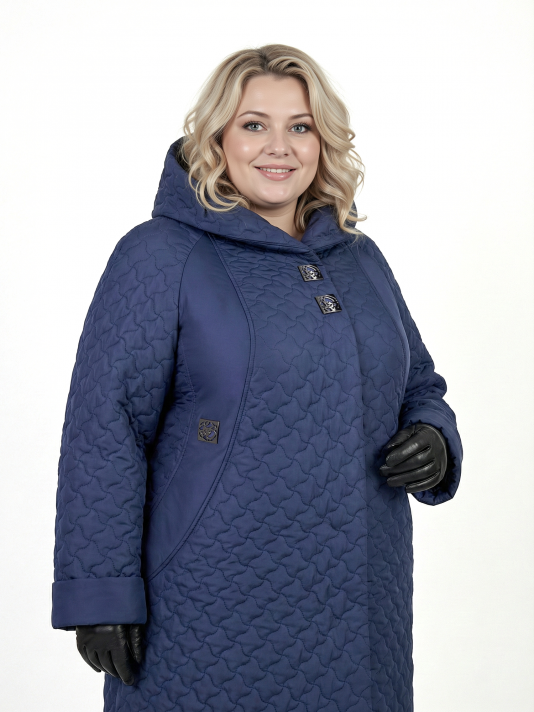 Пальто больших размеров с капюшоном, цвет синий в интернет-магазине Фабрики Тревери