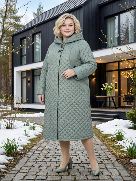 Пальто больших размеров с капюшоном, цвет зеленый в интернет-магазине Фабрики Тревери