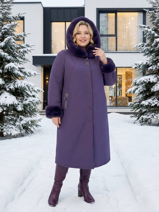 Пальто зимнее больших размеров, цвет фиолетовый в интернет-магазине Фабрики Тревери