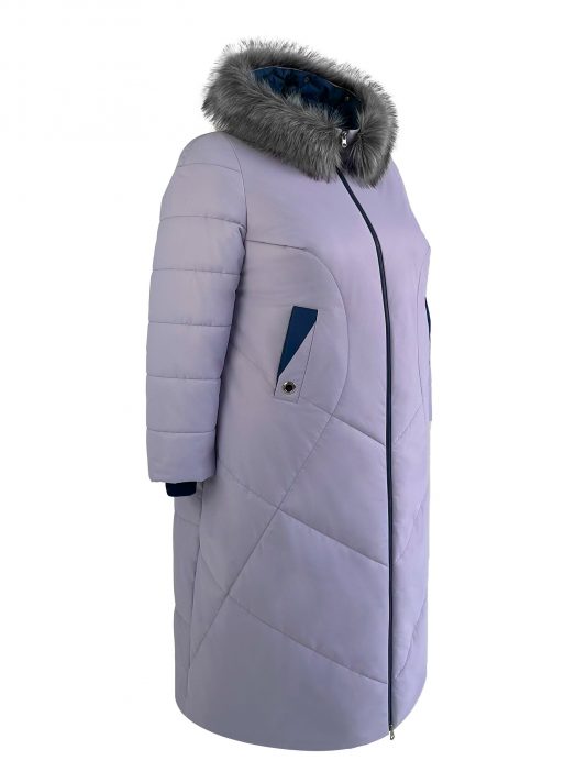 Молодежное пальто с цветной отделкой и эко-мехом , цвет серый в интернет-магазине Фабрики Тревери