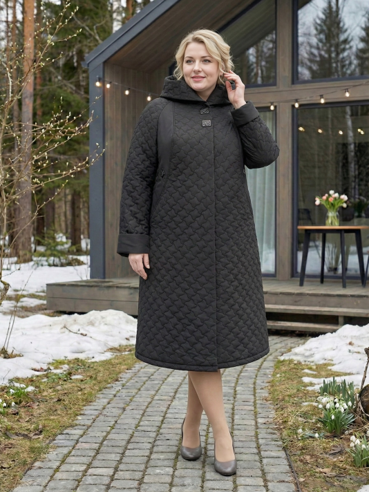 Фото модели 90113 — черный Пальто больших размеров с капюшоном, цвет черный в интернет-магазине Фабрики Тревери