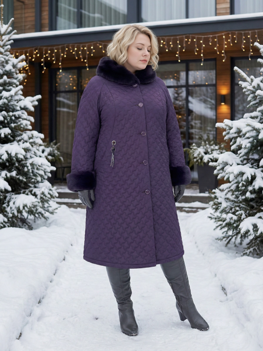 Пальто зимнее больших размеров, цвет фиолетовый в интернет-магазине Фабрики Тревери