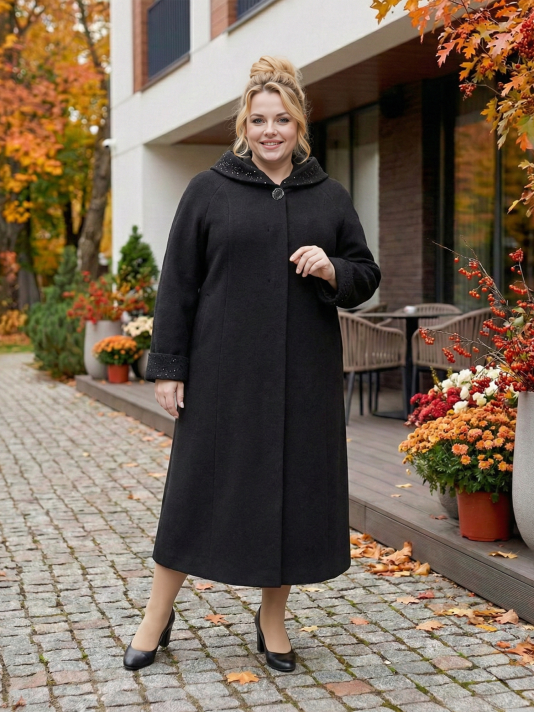 Фото модели 96905 — черный / БАЗА Пальто больших размеров с капюшоном, цвет черный в интернет-магазине Фабрики Тревери