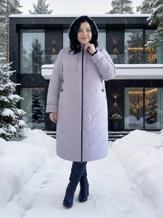 Пуховик больших размеров с капюшоном, цвет серый в интернет-магазине Фабрики Тревери