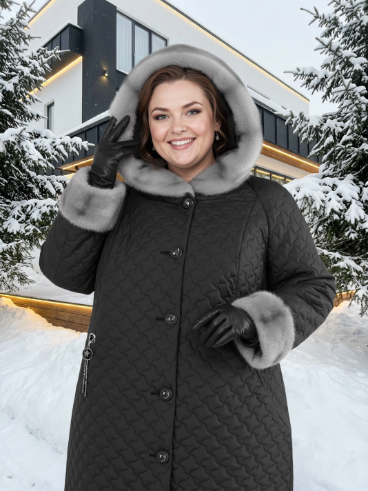 Пальто зимнее больших размеров, цвет черный в интернет-магазине Фабрики Тревери