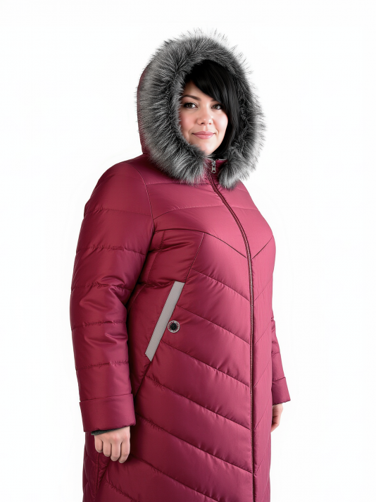 Пуховик больших размеров с капюшоном, цвет бордовый в интернет-магазине Фабрики Тревери