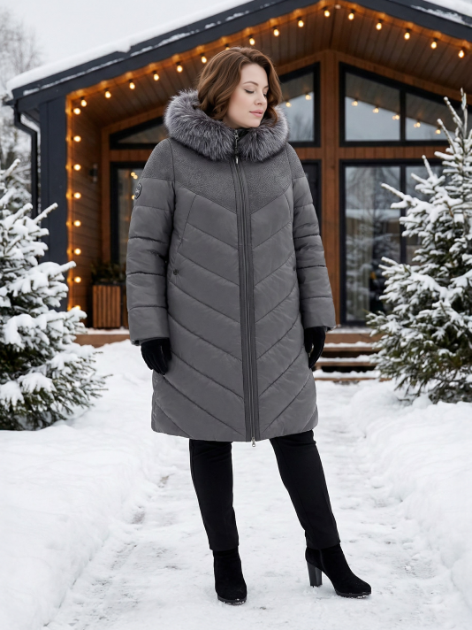 Пуховик больших размеров с капюшоном, цвет серый в интернет-магазине Фабрики Тревери