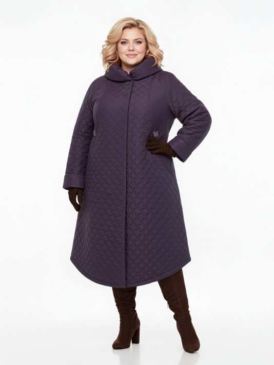Женское зимнее пальто из стеганной плащевой ткани модного геометрического рисунка, цвет фиолетовый в интернет-магазине Фабрики Тревери
