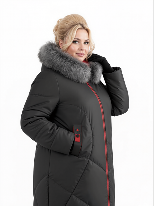 Пуховик больших размеров с капюшоном, цвет черный в интернет-магазине Фабрики Тревери