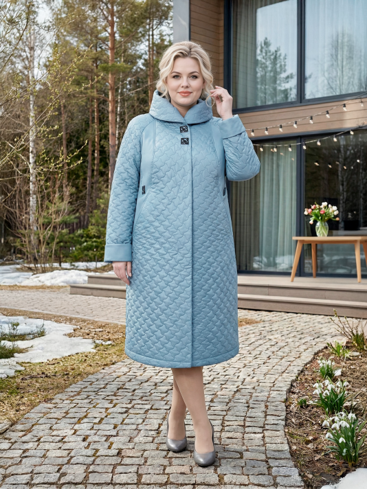 Фото модели 97603 — серо-голубой Пальто больших размеров с капюшоном, цвет серый в интернет-магазине Фабрики Тревери