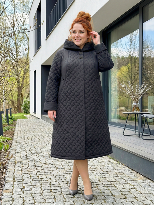 Пальто больших размеров с капюшоном 158, цвет черный в интернет-магазине Фабрики Тревери