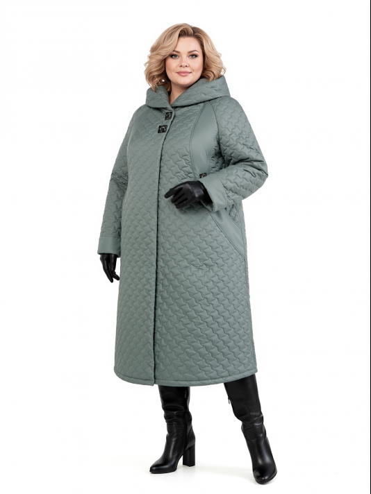 Женское пальто из стеганной плащевой ткани модного геометрического рисунка, цвет зеленый в интернет-магазине Фабрики Тревери