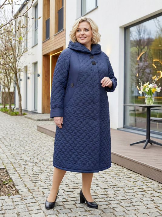 Фото модели 97703 — синий Женское пальто из стеганной плащевой ткани модного геометрического рисунка, цвет синий в интернет-магазине Фабрики Тревери