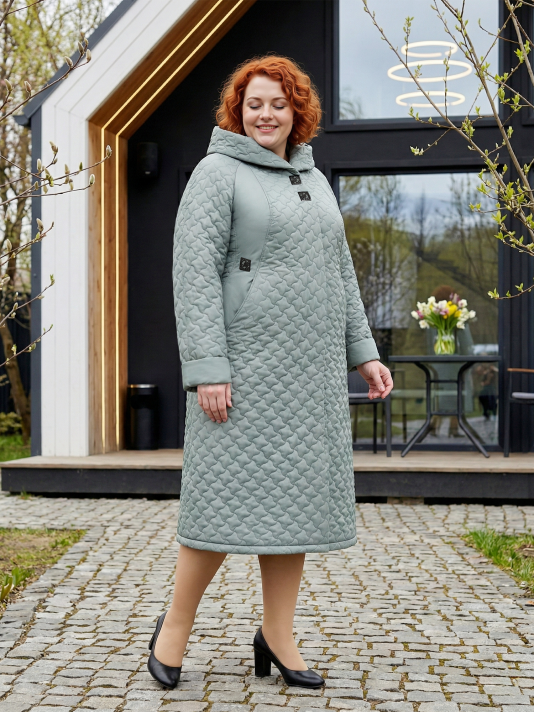 Пальто больших размеров с капюшоном 158, цвет зеленый в интернет-магазине Фабрики Тревери